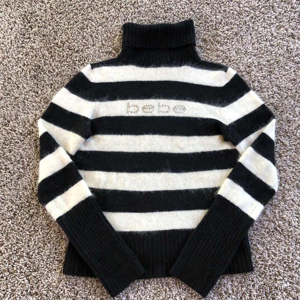 Vintage Bebe Angora Blend Rhinestone Turtleneck Sweater Womens Large Striped Y2K